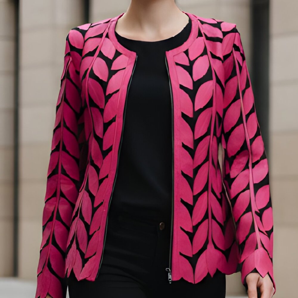 Women's Jacket Sheer Blouse Top Shirt Outfit Handmade Light Leather Leaf Pattern